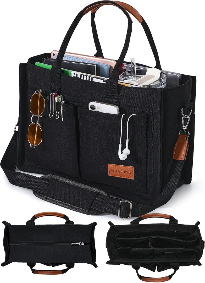 FIORETTO Canvas Tote Bag for Women with Zipper Closure & Individual Compartments for Work College for Teacher & Nurse (Medium, Black&brown)