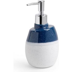 Ceramic Soap Dispenser  16oz Refillable Lotion or Liquid Soap Bottle with Pump, Blue and White Speckled Glaze, Modern Ceramic Bathroom and Kitchen Countertop Accessory
