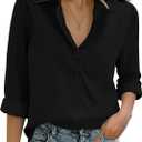 Zeagoo Womens Cotton Linen Button Down Shirts Loose Fit Long Sleeve Collared Blouse Casual V Neck Tops Outfits (Large)