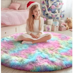 PAGISOFE Round Rugs 5Ft, Fluffy Rugs for Bedroom,Cute Rug for Girls Room,Fuzzy Rugs for Nursery Playroom,Circle Rug for Kids Room,Shag Furry Carpet for Reading Nook, Baby Room, Rainbow