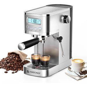AMZCHEF Espresso Machine with LCD Display, 20 Bar Cappuccino Machines with Milk Frother for Home Gifts, Latte Coffee Maker with Dual Wall & Filters, Stainless Steel Style, Silver