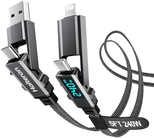 Haiteron 4 in 1 Charging Cable 5FT,240W USB C to USB C Cable Fast Charging Flat Braided iPhone Charger Cord Combo USB A/C to C/L with LED Display, Type C Charging Cord for iPhone 16/15,MacBook,iPad