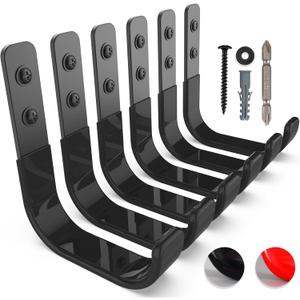 Garage Hooks 4 Inch, 6 Pack Heavy Duty Wall Hooks for Hanging, Ladder Hangers for Garage Wall Mount, Steel J Utility Garden Hose Holder Tool Organizers and Storage(55lbs) (Black)