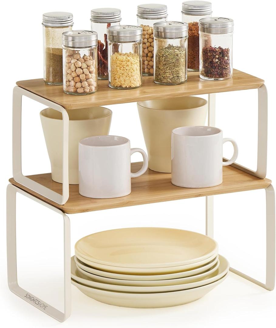 SONGMICS HOME Cabinet Organizer Shelf, Set of 2 Kitchen Counter Shelves, Kitchen Storage, Spice Rack, Stackable, Expandable, Metal and Bamboo, Light Bamboo