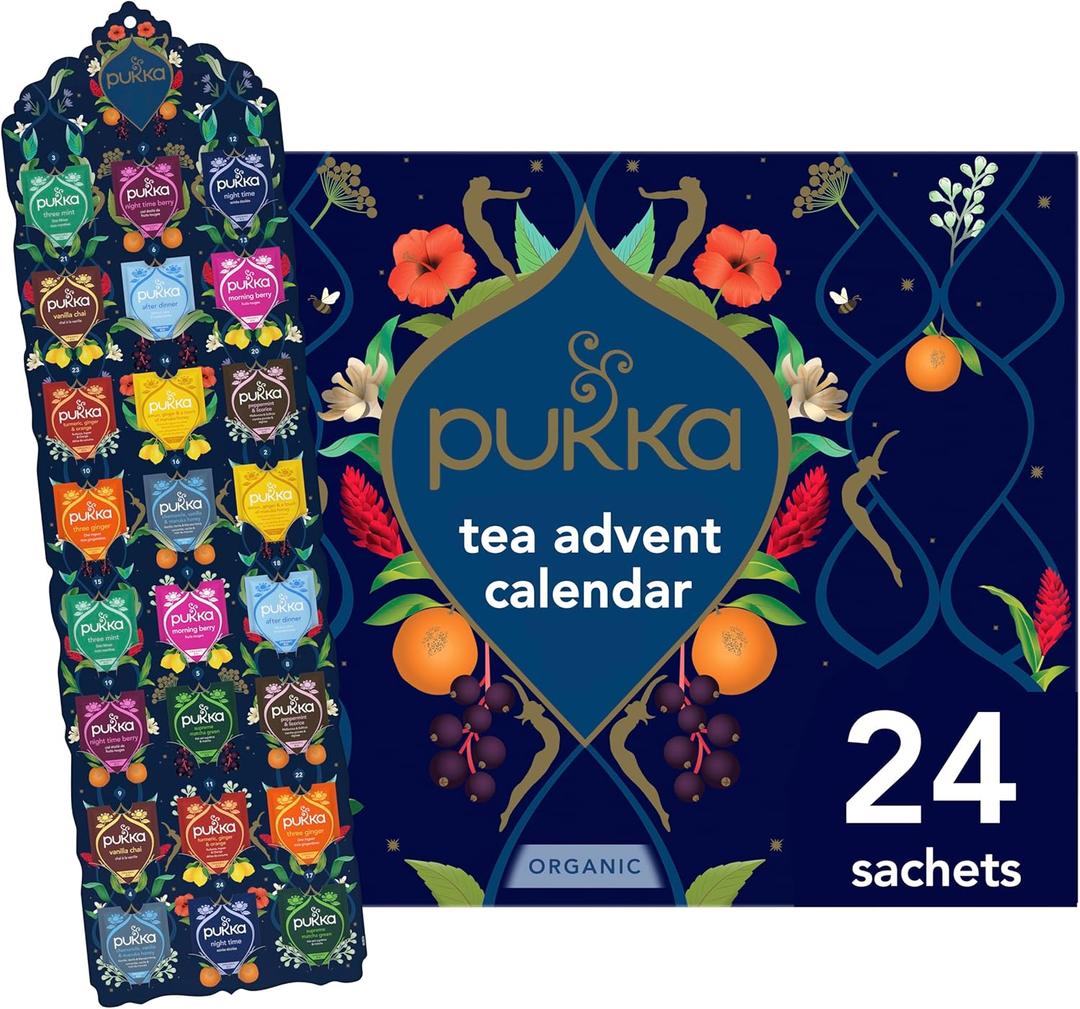 Pukka 2024 Advent Calendar Organic Tea Sampler, Selection of 24 Delightful Black & Green Tea Infusions, Christmas Gift for Tea Lovers, 100% Organic
