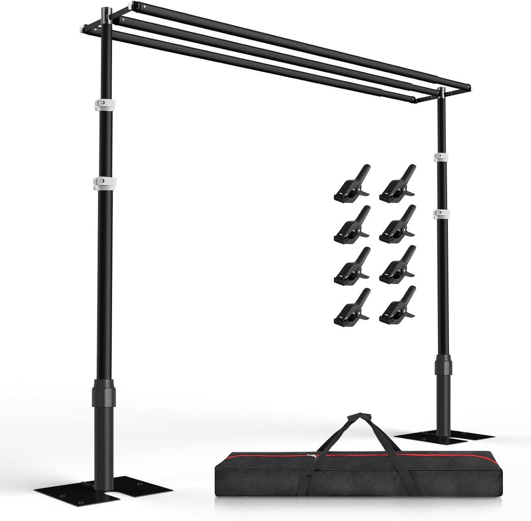 EMART Backdrop Stand Heavy Duty 10x10Ft Three Crossbar Pipe and Drape-Black | Photo Background Support Kit, Adjustable Metal Frame with Flat Base for Wedding Birthday Party Decorations-Black