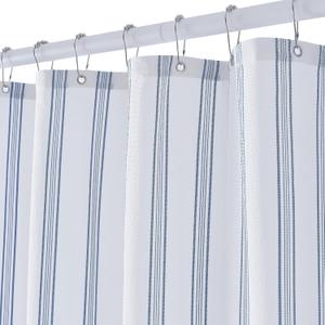 ORTIGIA Blue and White Striped Shower Curtain with 12 Metal Hooks, Crinkled Lightweight Textured Fabric Modern Farmhouse Minimalist Bathroom Curtain 72x72 Inch