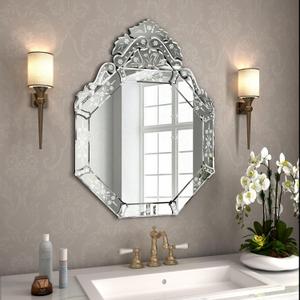 KOHROS Venetian Mirror with Top Crown Arch Floral Etched 32 x 24 Inch Octagonal Bathroom Mirror for Over Sink Frameless Beveled Edge Wall Mirror for Bathroom Vanity Entryway Bedroom (Silver)