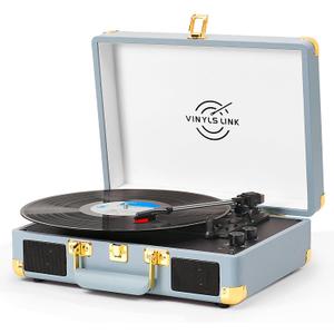 Vinyl Record Player 3-Speed Bass Control Bluetooth Suitcase Portable Belt-Driven Record Player with Built-in Speakers Vintage Turntable RCA Out Headphone Jack Blue
