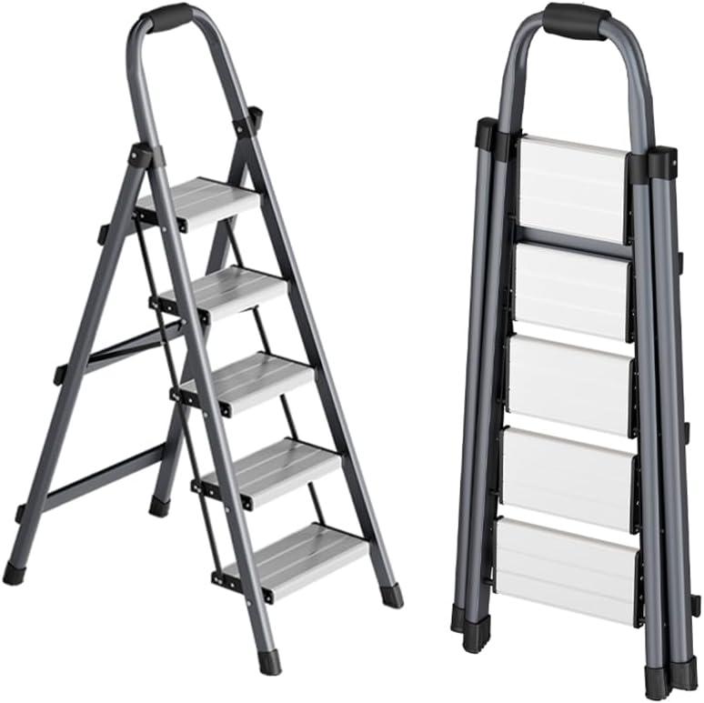 5 Step Ladder,Folding Step Ladder with Wide Anti-Slip Pedal,Convenient Handrail,Sturdy Steel Carbon Stool for Adults, Lightweight Portable 200lbs Safety for Home,Kitchen,Garage,Office (Gray)
