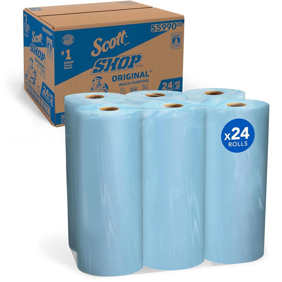 Scott Shop Original Blue Towels (55990), Large 9.4x11 Cloth-like Paper Towel, 4 packs of 6 (60 Sheets/Roll, 24 Big Rolls/Case, 1,440 Sheet Total)