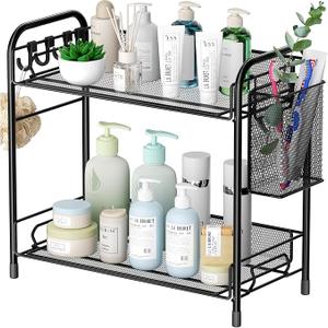 VITVITI Mesh Bathroom Organizer Countertop, 2Tier Metal Bathroom Counter Organizer and Storage, Vanity Organizer Sink Shelf Kitchen Spice Rack with Basket and Hooks, Black