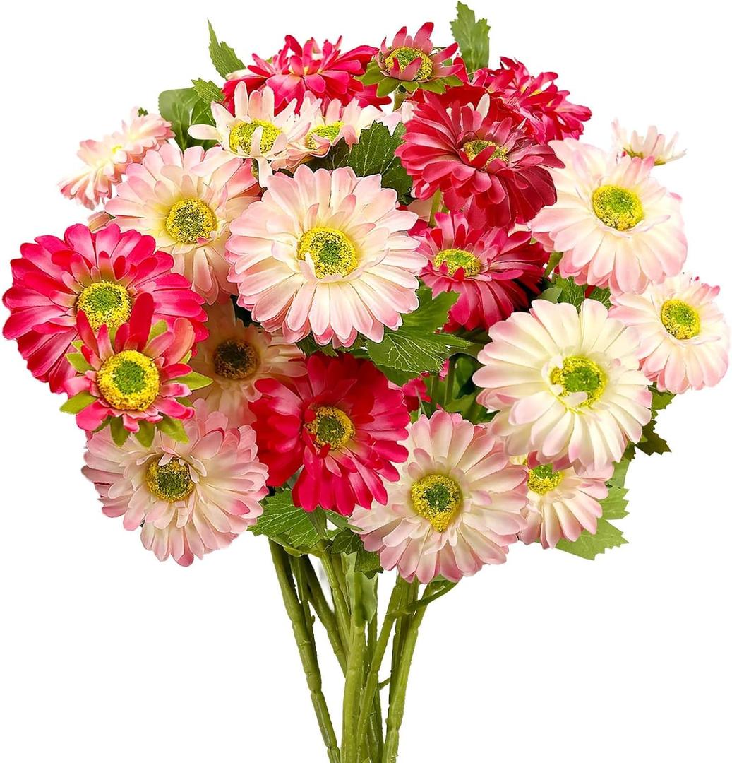 Daily Treasures 6Pack Artificial Gerbera Daisy Flower,Realistic Fake Colorful Daisies,Silk Daisies,Vibrant Color Faux Daisy Flowers for Party Home Kitchen Garden Wedding Decor(Pink, Rose Red)