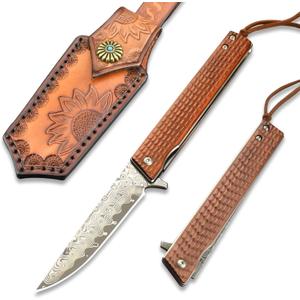 VALKNUT Damascus Pocket Knife, Handmade Hand Forged VG-10 Steel Folding Knives with Leather Sheath, 3-3/4 Inch Blade Pocket Knife for Outdoor Camping and Hunting (Sandalwood Handle)