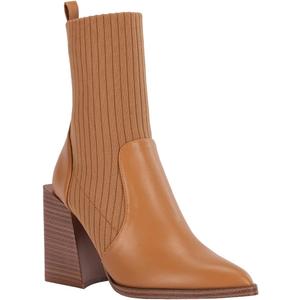 Womens Chunky Stacked Heel Ankle Boots Pointed Toe Booties Slip On Ribbed Knit Sock Boot (11, Light Brown)