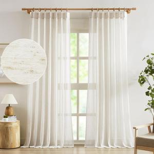 FMFUNCTEX Linen Sheer Pinch Pleated Curtains for Living Room, Linen Flax Beige 96 Inches Long Sheer Curtain Panels for Bedroom, Natural Back Tab Window Drapes for Farmhouse, Rod Pocket 2 Panels (52"W x 96"L (Pack of 2))