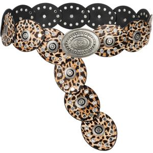 INOGIH Womens Wide Western Cowboy Disc Belt Vintage Cowgirl Concho Leather Belts Boho Style for Jeans Dress Skirt (For Waist 28-38 in, Leopard Print)