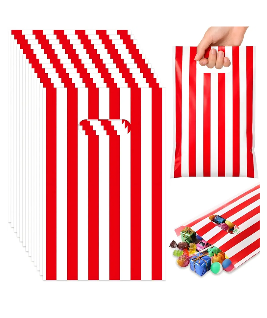 GliCraft 100 Pcs Red and White Striped Gift Bags with Handle 9.84''x 6.5'' Plastic Treat Bags Wedding Party Favors for Graduation Racing Car Birthday Mother's Day Gifts Wrapping Supplies Decoration