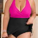 B2prity Women's Plus Size One Piece Swimdress Swimsuit Tummy Control Slimming Swim Dress Mesh Drawstring Skirted Bathing Suit (Pink, L)