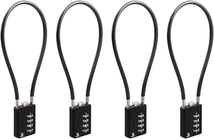 RESET-201 (4 Pack) 4 Digit Combination Padlock with 12 inch (30cm) Flexible Cable, Long Lock, Cable Lock for Trash Can, Locker, Luggage, Suitcase, Gun, Pistols, Helmet, 5mm Diameter, Black