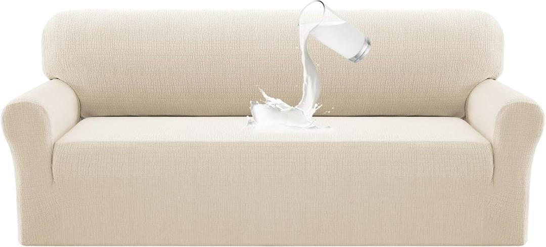 PrinceDeco Waterproof Couch Covers Slipcovers for Large Sofas,1 Piece Stretch Jacquard Sofa Slipcover Leakproof Pet Friendly Furniture Protector for Kids, Dog (Sofa L Seat Width 60"-66", Ivory)