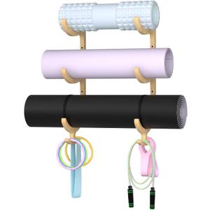 Wooden Yoga Mat Holder Wall Mount, Yoga Mat Storage Rack, Home Gym Equipment Organizer, Wall Mount Workout Storage Holder for Hanging Foam Rollers and Resistance Bands