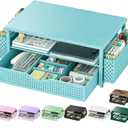Spacrea Desk Organizer and Accessories, Computer Monitor Stand Riser with Drawer and 2 Pen Holders, Office Desk Accessories & Workspace Organizers for Office Supplies (Blue)