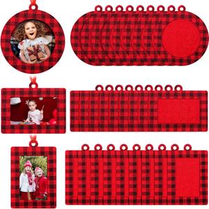 Jetec 30 Pcs Christmas Photo Frame Ornaments with Rope Mini Felt Hanging Picture Frame Round Square Rectangle Xmas Tree Decoration for Holiday Party Decor(Plaid)