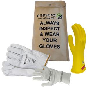 Enespro Class 0 Yellow Rubber Voltage Insulating Glove Premium Kit with FR Knit Glove and Leather Protectors (12)