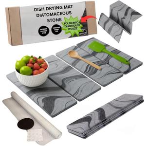 Large Stone Dish Drying Mat for Kitchen Counter  23.5 L x 15.3 W Diatomaceous Earth Dish Drying Mat, Foldable Quick-Dry Diatomite Stone for Sink Area, Modern Marble Design, Roll-Up Storage