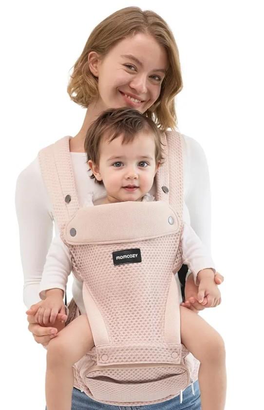 Momcozy Baby Carrier with Hip Seat, 2-in-1 Forward-Facing Carry for Active Babies, Detachable Hands-Free Carrier up to 44lbs, Breathable Infant Carrier Fits Waist Sizes up to 45 Inches, AirMesh Pink