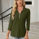 TICTICMISS Women's 3/4 Length Sleeve Tops Collared V Neck T Shirts Polo Zipper Summer Shirts (Green, S)