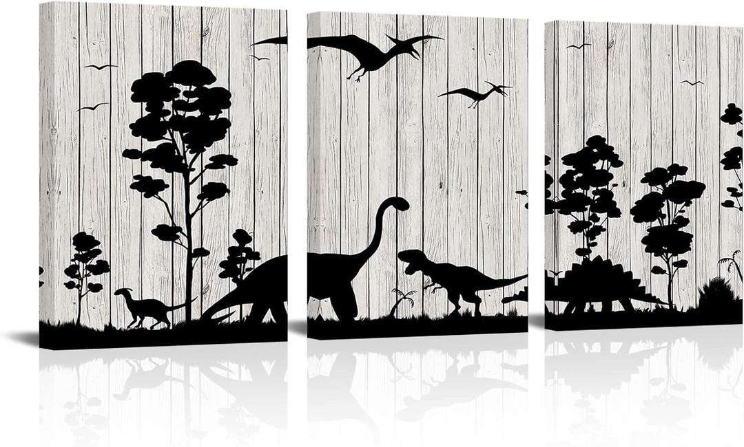 HOMEOART Dinosaur Wall Pictures Rustic Wood Texture Art Print on Canvas, Framed Artwork Kids Children Bedroom Nursery Wall Decor 12"x16"x3 Panels