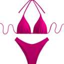 GORGLITTER Women's High Waisted Thong Bikini Set Halter Triangle Tie Back Swimsuit Bathing Suit (Red Violet) S