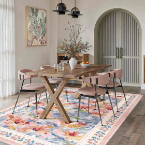 Lotus Bloom Modern Floral Pink Washable Area Rug 5ft x 7ft