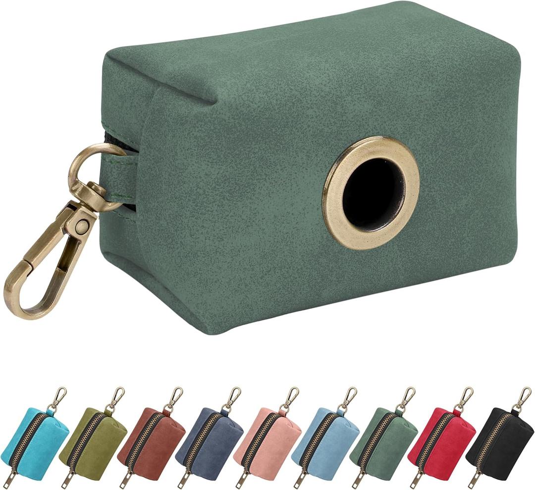 Didog Classic Dog Poop Bag Holder, Easy-Pull and Elegant PU Leather Pet Waste Bag Dispenser for Leash with Carabiner Clip, Includes 1 Roll Dog Waste Bag for Daily Walking, Green