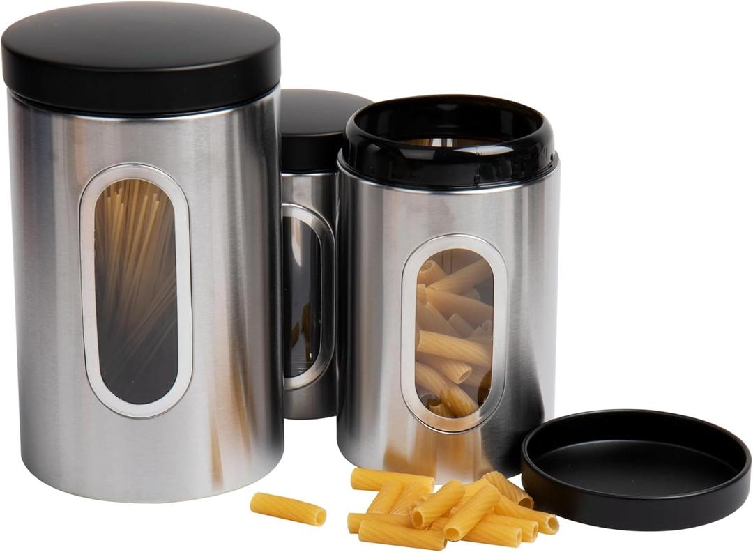 Mind Reader 3-Piece Canister Set, Kitchen Storage, Sugar, Coffee Container, Kitchen, 5"L x 5"W x 8.25"H, Silver and Black