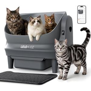 Self Cleaning Litter Box, Open Top 105L Automatic Litter Box for Multiple Cats, App Control, Safety Sensor, Anti-Pinch, Includes Mat & Liner - Gray