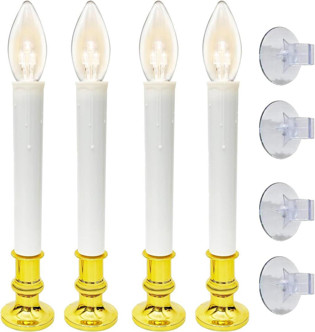 4 Pack Christmas Battery Operated Window Candles with Timer (6-18H), Wireless Window Candle Light with Gold Candlestick Base, C26 LED Bulb Candle Lamp for Home Party Christmas Decor, 4 Suction Cups