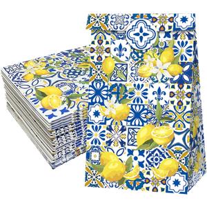 24 pcs Capri Lemon Print Party Favor Bags Kraft Paper Gift Bags, Blue Tiles Yellow Lemon Goodie Candy Bags Kraft Treat Paper Bags with Stickers for Spring Summer Birthday Wedding Party Supplies