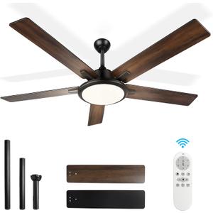 OUTON 52" Ceiling Fans with Lights and Remote, LED Dimmable Modern Ceiling Fan with 3 Color Temperature, Memory Function,5 Dual Finish Blades, Indoor Outdoor Ceiling Fan for Bedroom, Living Room,Patio (Black)