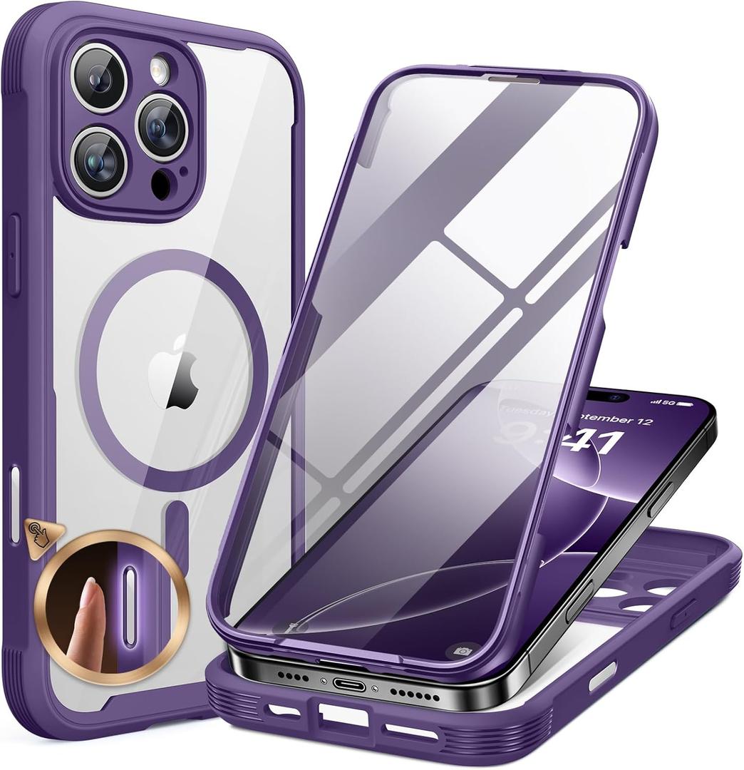 Miracase Magnetic for iPhone 16 Pro Case Full-Body Phone with Built-in Glass Screen Protector, [Compatible with MagSafe] Military Drop Proof 16 Pro Cover Bumper 6.3 inch, Purple
