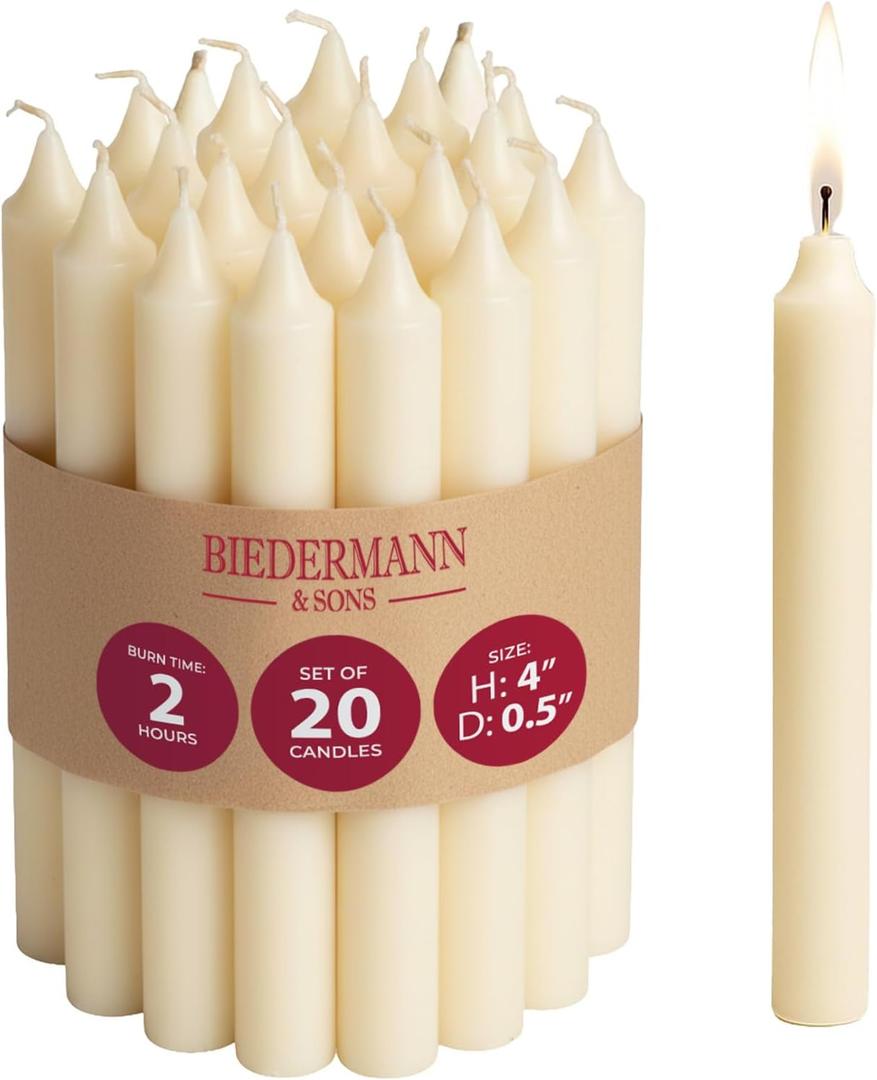 Biedermann & Sons Ivory Chime Candles (20 Count), Unscented Dripless Tapers, 4 Inch Tall 0.5 Inch Diameter, 2 Hour Long Burning Paraffin Wax, for Angel Chime Carousels and Holders