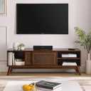 LKTART 59" Rattan Mid Century TV Stand,Entertainment Center,Media Console | Real Wood Veneer Mid Century Modern TV Stand for Living Room,Rattan Media Console Cabinet with Solid Wood Legs,Dark Walnut