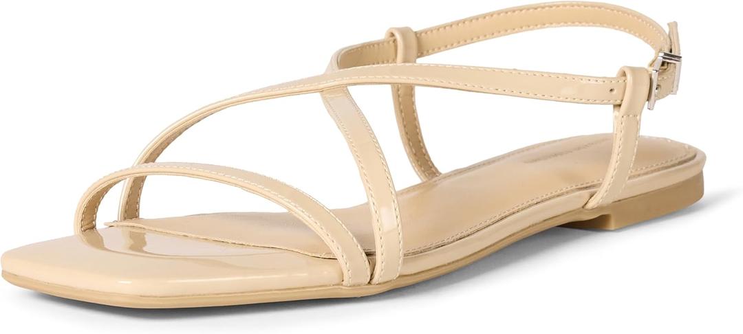 Amazon Essentials womens Flat Strap Sandals (8, Beige Patent)