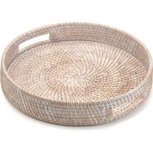 16.9" Round Rattan Tray, Hand Woven Serving Tray with Handles, Wicker Serving Basket, Decorative Tray for Home Decor, Whitewash