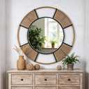 42'' Coastal Large Round Rope Mirror, Nautical Mirror with Detachable Rattan & Black Metal Frame, Farmhouse Mirrors for Rustic Boho Bathroom, Bedroom, Living Room, or Entryway