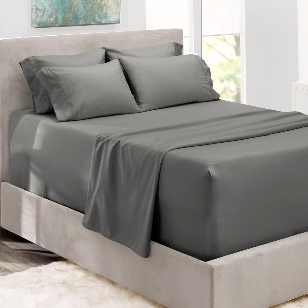 Hearth & Harbor Extra Deep Pocket Queen Sheets Sets - Fits Mattress 18-24 Inches Deep - Extra Deep Pocket Sheets - 6 Piece Queen Size - Grey