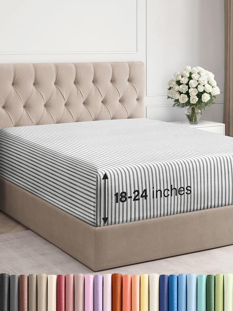 Extra Deep Full Fitted Sheet - Hotel Luxury Single Fitted Sheet Only - Easily Fits 18 inch to 24 inch Mattress - Ultra Soft, Wrinkle Free with Extra Deep Pockets - Breathable & Comfy - Grey Stripes