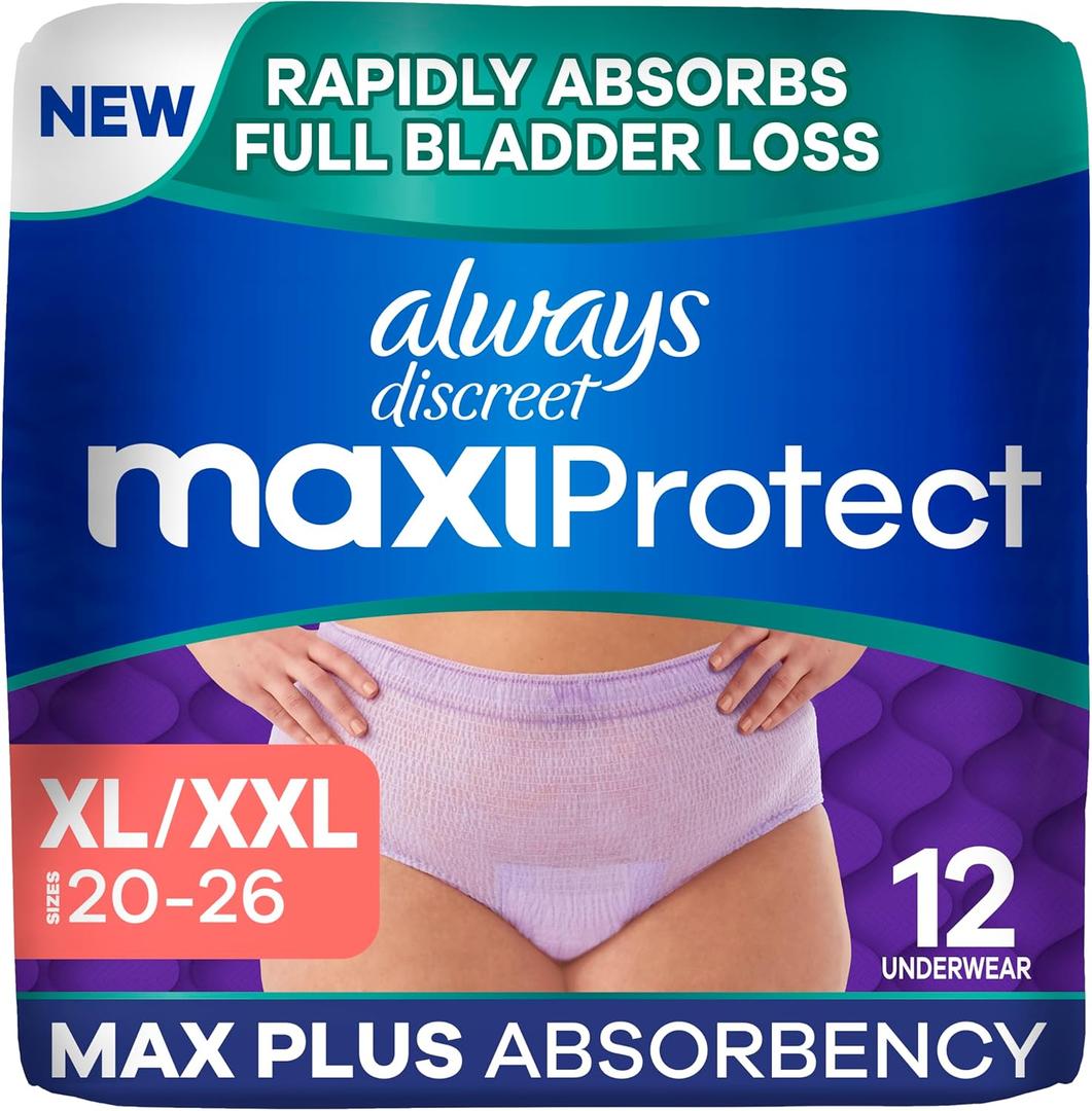 Always Discreet MaxiProtect Adult Diapers for Women, Incontinence Underwear, Scented, Postpartum Essentials, Bladder Leak Protection, Disposable Briefs, Maximum Plus Absorbency, Size XL/XXL, 12 Count